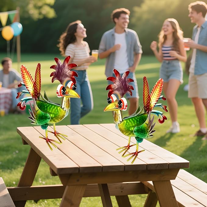 7.9" Garden Rooster Statues Sculpture, Metal Rooster Statues, Outdoor Animal Statue, Chicken Ornaments Yard Art for Backyard Patio Lawn Decorations (Rooster Colorful)