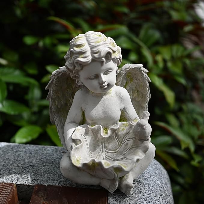 Guardian Angel Cherub Garden Statue with Bird Feeder Bird Bath Feeding Bowl, Religious Decor Sculpture, Natural Stone Grey with Moss, 8 inch Tall