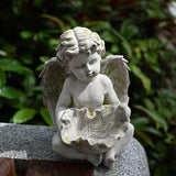 Guardian Angel Cherub Garden Statue with Bird Feeder Bird Bath Feeding Bowl, Religious Decor Sculpture, Natural Stone Grey with Moss, 8 inch Tall
