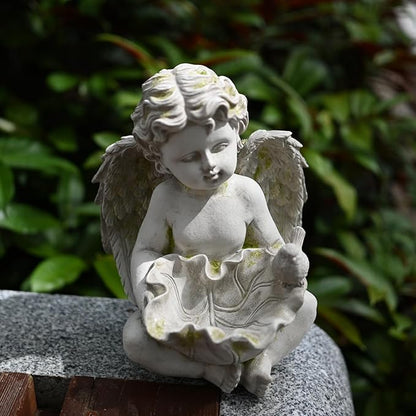 Guardian Angel Cherub Garden Statue with Bird Feeder Bird Bath Feeding Bowl, Religious Decor Sculpture, Natural Stone Grey with Moss, 8 inch Tall