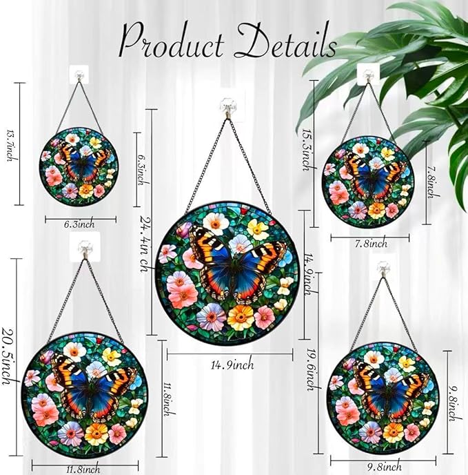 Stained Glass Window Hanging - A Beautiful Butterfly is Dancing in The Sea of Flowers 6.3 Inches Suncatcher for Garden Home Decor for Women Mon Grandma Friends
