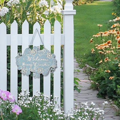 All Chic Welcome to My Garden Sign Hanging Yard Sign for Garden Decor Rustic Farmhouse Backyard Outdoor Wall Decor(Blue)