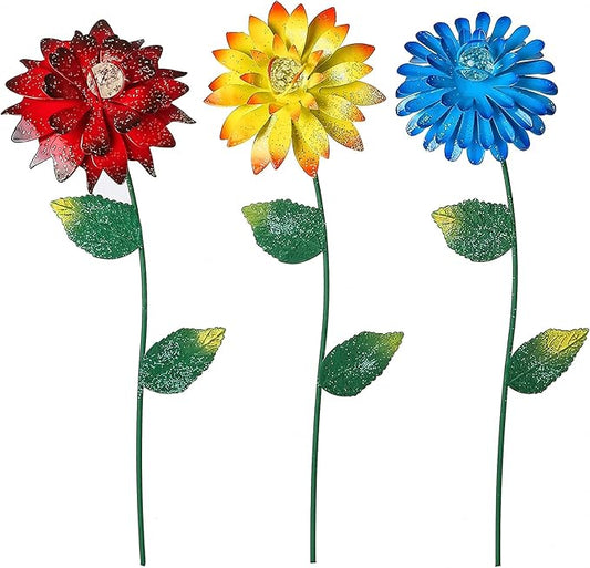 Metal Flower Decorative Garden Stakes Glow in Dark Pick Water Proof Metal Flowers Stick for Lawn Yard Patio,3 PCS