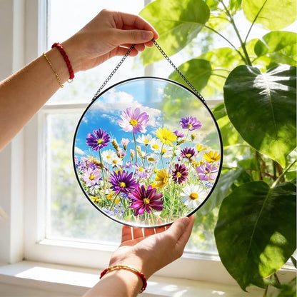 Wildflowers Stained Glass Suncatcher, Floral Suncatcher Wall Hanging,Cottagecore Wildflower Sun Catchers Indoor Window Round Glass Wall Art Decor,Gardening & Lawn Care 7.9"