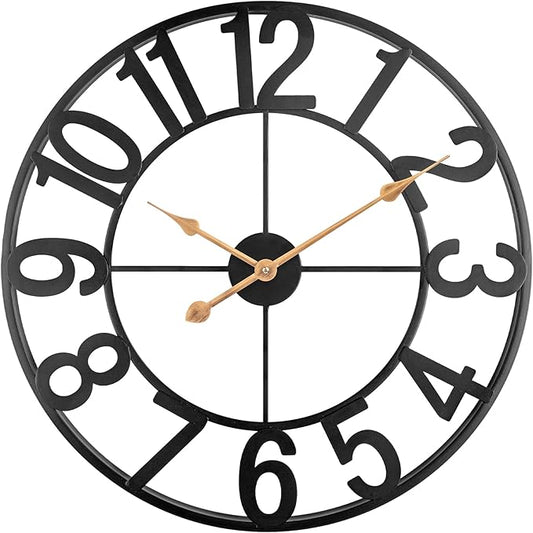 14 Inch Outdoor Clock for Patio, Large Poolside Wall Clock, Vintage European Industrial Skeleton Metal Clock, Silent Non-Ticking Battery Operated Outdoor Clock for Garden, Backyard, Porch or Fence