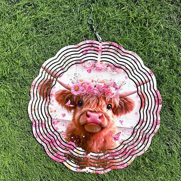 Wind Spinners Cute Cow Floral Crown Art 9.8 x 9.8 Inch Metal Wind Spinner Outdoor Garden Decor Soft Farm Illustration Decorative Wind Spinners for Yard Patio