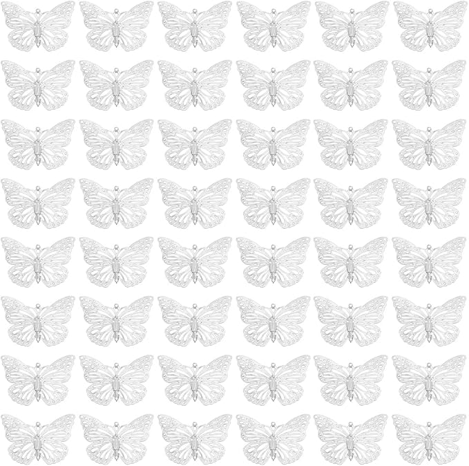 WEBEEDY 50pcs Silver Butterfly Suncatchers Hanging Ornaments Handmade DIY Sun Catcher Butterfly Charms Metal Parts, Suncatcher Making Supplies for Window Garden Wall Wedding Party Decor Gift,1.4x2Inch