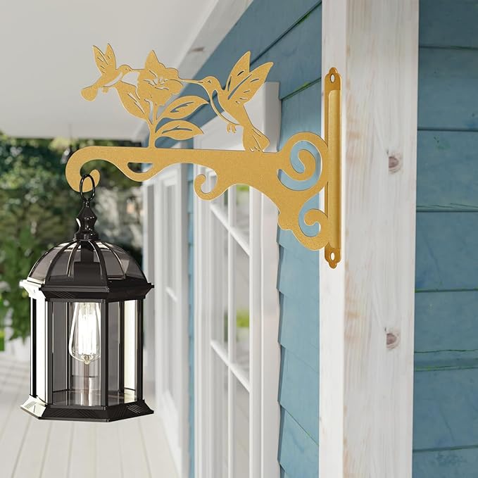Elegant Bird Pattern Wall Hooks - 10/12/14 Inch Metal Plant Hangers for Indoor & Outdoor - Rust-Resistant Bracket for Plants, Feeders, Chimes, Lanterns (4, Gold, 10 inch)