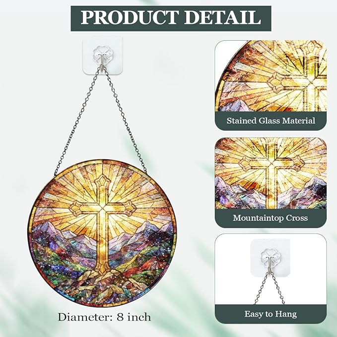 Christian Cross Stained Glass Window Hanging - Mountain Landscape Religious Sun Catcher with Chain, Round Glass Ornament for Home Garden Window Decor Gift, 8 Inch