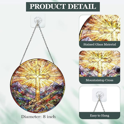 Christian Cross Stained Glass Window Hanging - Mountain Landscape Religious Sun Catcher with Chain, Round Glass Ornament for Home Garden Window Decor Gift, 8 Inch