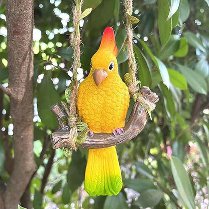 Resin Parrot Hanging Tropical Decor Outdoor Porch Tree Tiki Bar Decorations Outdoor Hanging Bird Sculpture for Christmas Tree Plant Patio Lawn Yard Porch Balconies Decor (Yellow)