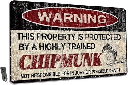 Vintage Chipmunk Metal Sign Warning This Property is Protected by Highly Trained Chipmunk Yard Sign Outdoor Home Wall Decor 12x8Inch