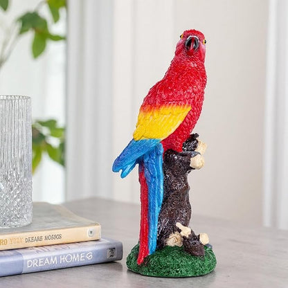 Decorative Tropical Parrot Garden Statue, Bird Red Scarlet Macaw Parrot Perching On Tree Branch Decorative Figurine Parrots Birds Vibrant Colors Accent Forest Nature Sculpture Decors