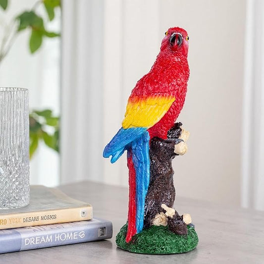 Decorative Tropical Parrot Garden Statue, Bird Red Scarlet Macaw Parrot Perching On Tree Branch Decorative Figurine Parrots Birds Vibrant Colors Accent Forest Nature Sculpture Decors
