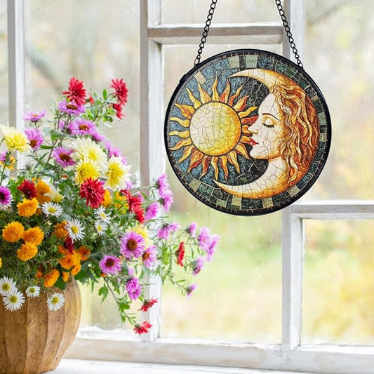 Sun and Moon Suncatchers Stained Glass Window Hanging, Celestial Suncatchers Indoor Window Glass Round Wall Decor, Sun Moon Decor Wall Hanging Decorations, 7.9x7.9in
