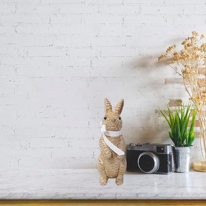 Rattan Rabbit Woven Rabbit Bow Resin Ornaments for Home Courtyard Lawn Tabletop and Easter Decoration to Enhance The Easter Atmosphere Preferred Easter Gifts (8.1in Brown Station)