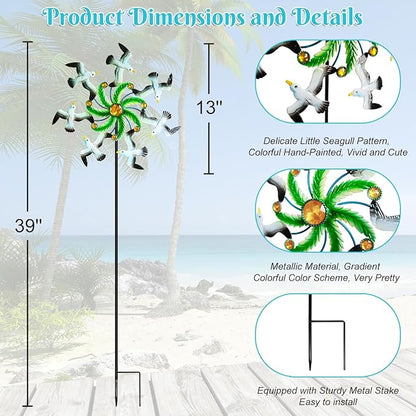 Seagull Wind Spinners - 39" Ocean-Themed Metal Wind Sculptures Garden Stake Art, 13.5” Windmill Yard Kinetic, Outdoor Decor for Patio & Lawn - Metal Beach Sculpture with Seagull Design