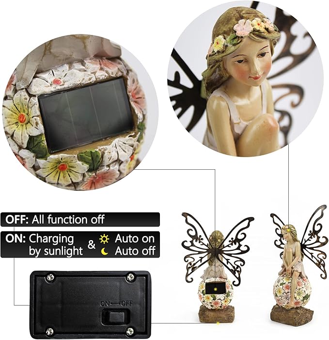 Suyorpe Flower Fairy Garden Decor,Garden Fairy Statues Outdoor,Solar Powered Outdoor Fairy Figurine Accessories,Patio Lawn Yard Porch, Resin Ornaments for Outside Gifts,9.45 Inches Tall