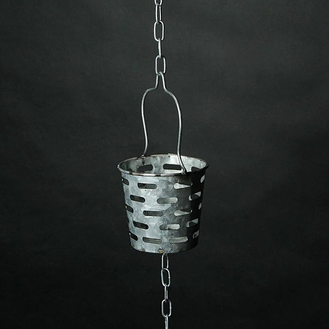 Zeckos Galvanized Grey Metal Olive Bucket Pail Style Rain Chain Gutter Downspout Accent, 74 Inches Long - Easy Install - Adding Rustic Charm to Your Outdoor Décor