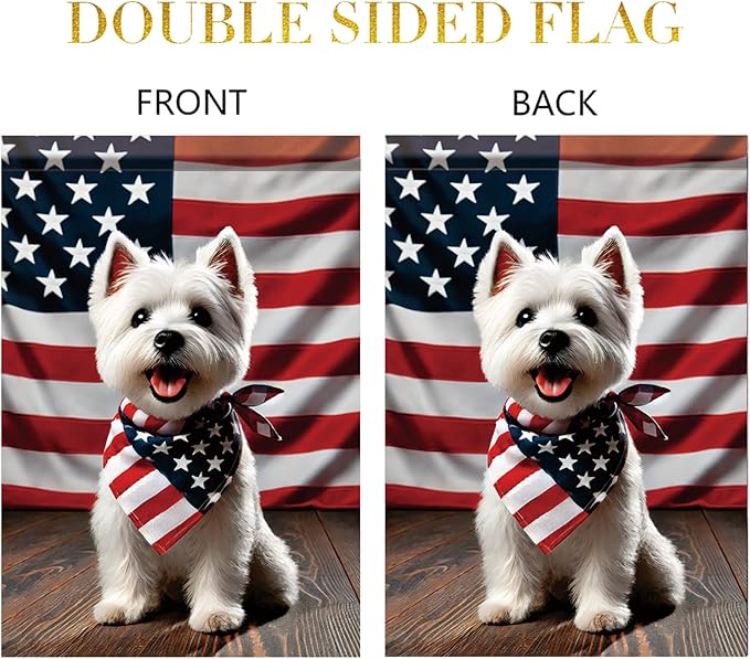 Patriotic 4th of July West Highland White Terrier Garden Flag Summer Decorative Lovely Pet Dog American US Flag Banner for Outside 12x18 Inch Printed Double Sided