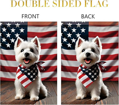 Patriotic 4th of July West Highland White Terrier Garden Flag Summer Decorative Lovely Pet Dog American US Flag Banner for Outside 12x18 Inch Printed Double Sided