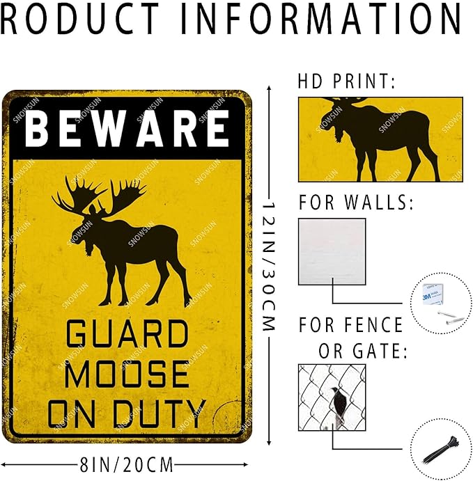 snowsun Beware Guard Moose on Duty Funny Metal Signs Vintage Tin Sign for Home Yard Farm Street Fence Wall Decoration 8×12 Inches
