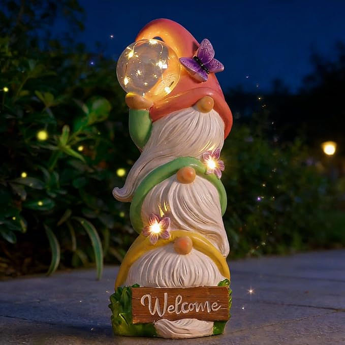 Garden Gnome Statues Solar Lights, Waterproof Outdoor 3 Stacked Spring Gnomes Sculptures Birthday Gifts for Women Grandma 12 Inch Welcome Sign Porch Decor