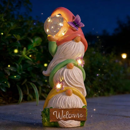 Garden Gnome Statues Solar Lights, Waterproof Outdoor 3 Stacked Spring Gnomes Sculptures Birthday Gifts for Women Grandma 12 Inch Welcome Sign Porch Decor