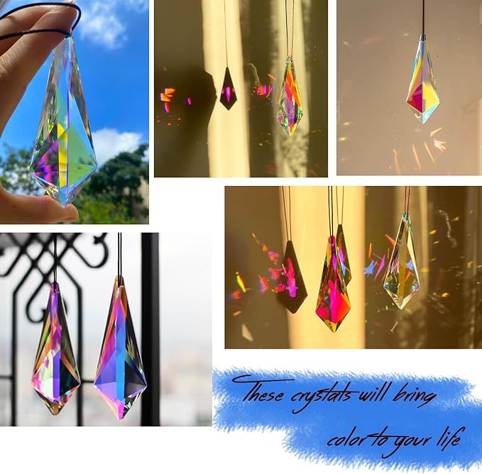 2PCS 5" Large Lanky Cone Crystal Sun Catcher Prisms, stino Hanging Suncatchers with Glass Prism, Rainbow Maker for Windows, Balcony, Kitchen, Garden Decoration (1, Lanky Cone 2Pcs)