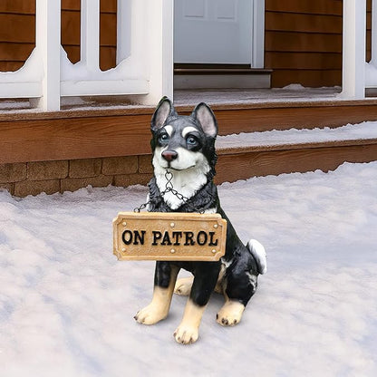 Outdoor Husky Dog Statue with Interchangeable Welcome Sign and Detachable Solar Lantern –LED Light Garden Dog Sculpture Décor Garden Statue Outdoor Dog Statue Cute Puppy for Yard Porch Gift