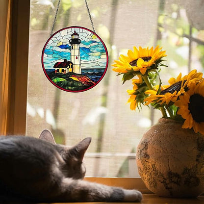 Ocean Lighthouse Stained Glass Window Hanging, 7.8" Hand-Painted Sun Catcher Glass Panel Wall Art Decor with Chain, Lighthouse Gifts for Women Mom Grandma, Outdoor Indoor Art Decor for Home Garden