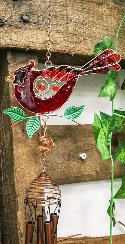 Ebros Gift Artistic Stained Glass Red Cardinal Bird Perching On Twig Branch Copper Metal Wind Chime 24.25" Long Hanging Mobile Outdoor Patio Garden Decor Accessory