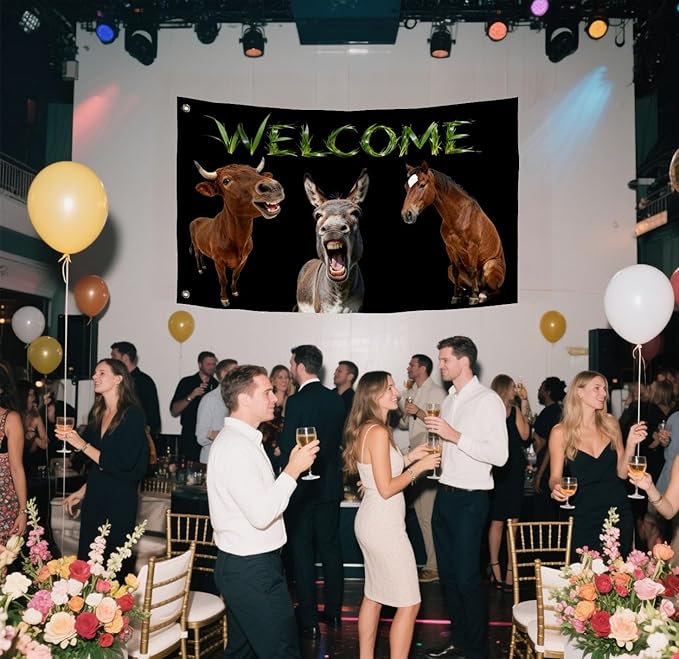 Farm Animals Welcome Flag 3X5FT, Farm House Flags, Horse Donkey Cattle eme Banner,Both Sides Printed, Men Women Banner,Vibrant Colors, Double Stitched with 2 Brass Grommets, Bar Garden Street Decoration, GYM, Office Decor,Indoor Outdoor Use,Gifts. (H-D...