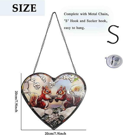 Squirrel Stained Glass Window Hanging, Suncatcher Glass Panel with Metal Chain, Heart Sun Catchers Indoor Window Decor for Home Garden, Housewarming Gift