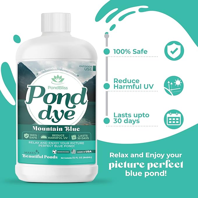 Mountain Blue Pond Dye, Fish Safe 1 Acre Concentrate for Koi, Ornamental and Livestock Ponds - 1 Quart Liquid Dye (32oz)