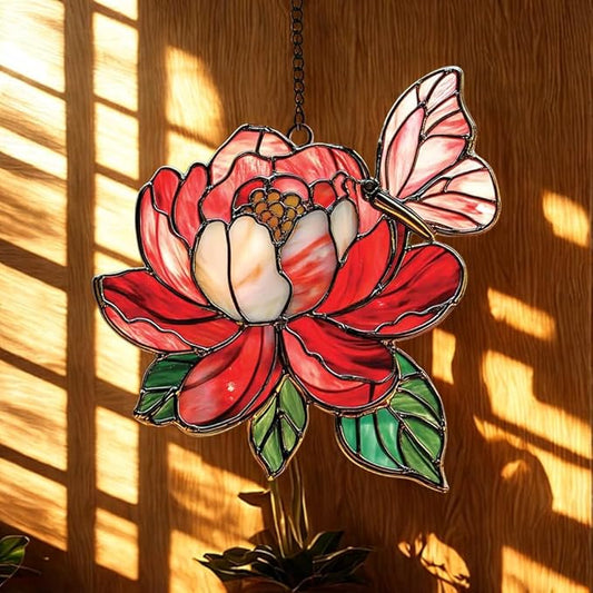Butterfly and Peony Flower Acrylic Suncatcher, Flower Suncatchers for Window Hangings, Stained Glass Effect Garden Decor, Gift for Mother's Day, Mom, Grandma, Wife, Women