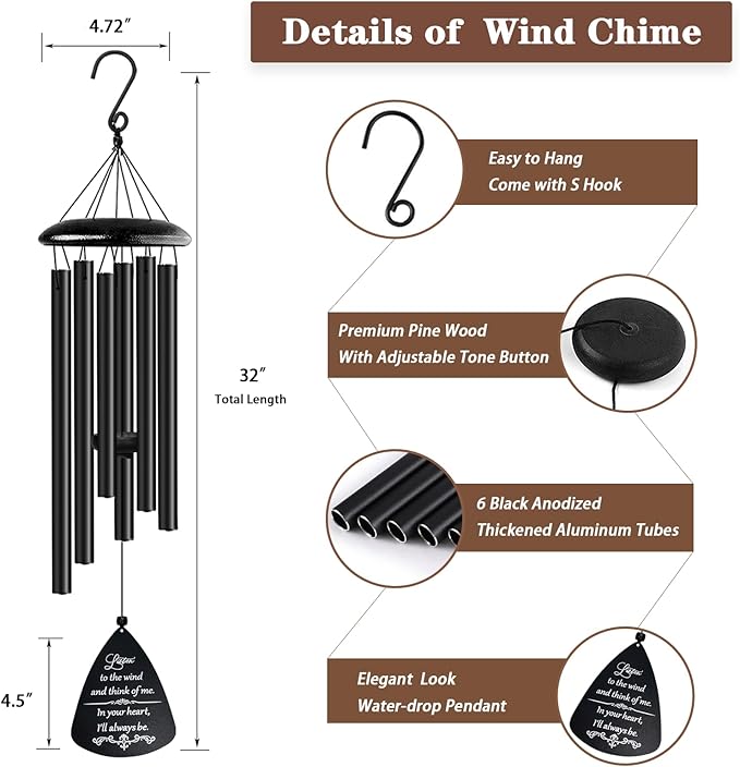 Soopau Memorial Wind Chimes, 32'' Sympathy Wind Chimes for Loss of Loved One, Sympathy Gift, Memorial/Bereavement/Condolences Gift Baskets for Loss, Windchimes in Memory of a Loved One (Metal)