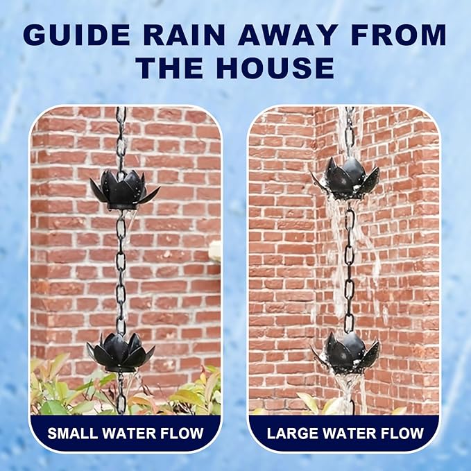 Upriver Lotus Rain Chain,3.93ft Black Iron Rain Chains for Gutters,Rust Resistant Rain Catchers for Divert Water and Indoor,Outdoor Decoration