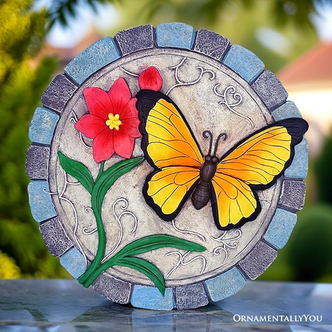 OrnamentallyYou Elegant Resin Stepping Stone, Outdoor Garden Pathway Decoration (Colorful Moments Bloom Stepping Stone, 9.5" Butterfly Garden Decorative Figurine)