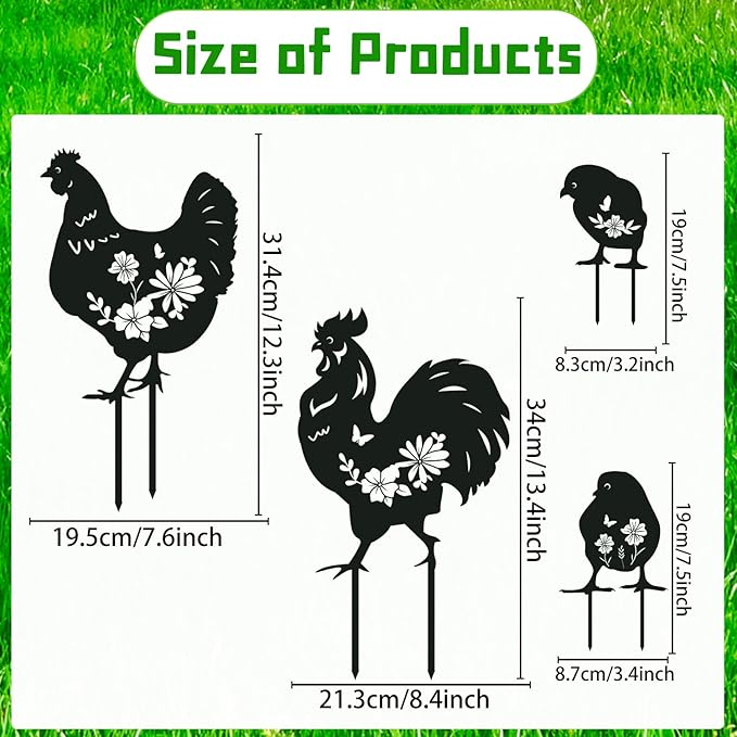 Rngmsi Metal Chicken Yard Art - 4PCS Chicken Garden Decor - Funny Garden Decorations for Yard - Cute Rooster Yard Art - Outdoor and Garden Gifts - Decorative Lawn Stakes for Men and Women
