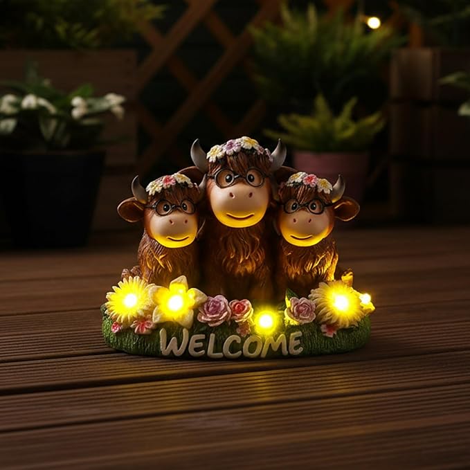 Highland Cow Decor Solar Garden Statue 5.3",Funny Resin Cow Family Figurine with Glasses & Welcome Sign,Cute Farmhouse Outdoor Yard Art for Patio Porch Lawn,Housewarming Birthday Gifts for Women Mom
