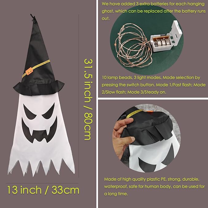 BokingOne Halloween Decorations Outdoor 3Pcs Large Size Hanging Lighted Glowing Ghost Witch Hat Decor with Lights String for Party Indoor Outside Ornaments and Yard Tree Garden
