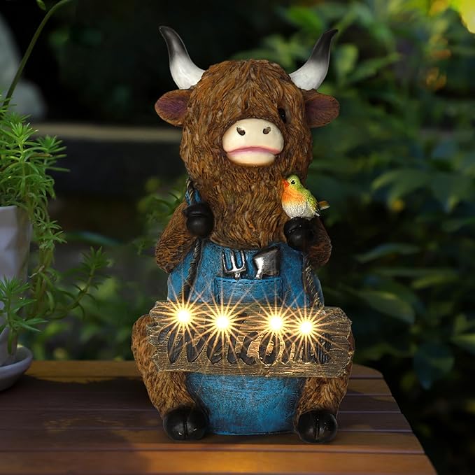 V-Ladybug Solar Garden Statues -Highland Cow Outdoor Handmade Resin Statue with LED Light, and Welcome Holder for Patio, Yard, Gift Ideas