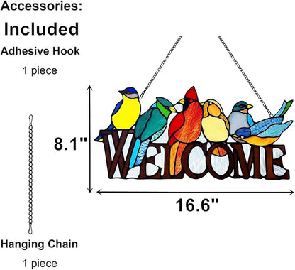 6 Birds Stained Glass Welcome Sign for Front Door Window Hanging Suncatcher, Handmade Tiffany Style Outdoor Welcome Signs Decor Gifts for Mom, Women, Bird Lovers, Bless This Home