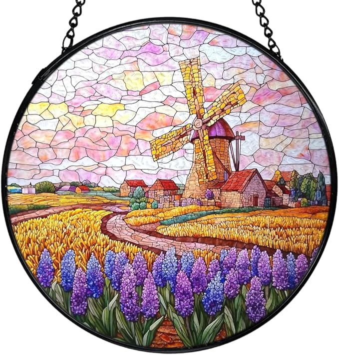Wildflower Windmill Landscape Suncatchers Stained Glass Window Hanging, Cottagecore Flower Sun Catchers Indoor Window Glass Round Wall Decor, Floral Wall Hanging Decorations, 7.9x7.9in