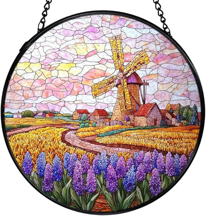 Wildflower Windmill Landscape Suncatchers Stained Glass Window Hanging, Cottagecore Flower Sun Catchers Indoor Window Glass Round Wall Decor, Floral Wall Hanging Decorations, 7.9x7.9in
