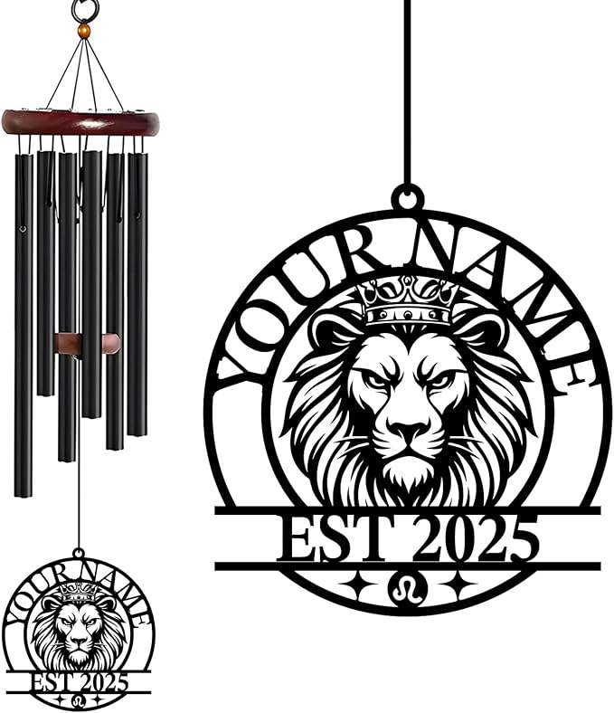 Personalized Customize Name 12 Zodiac Signs Wind Chime, Metal Iron 37 Inch Outdoor Memorial Gift for Garden Yard Patio Home Decor, Black (Leo)
