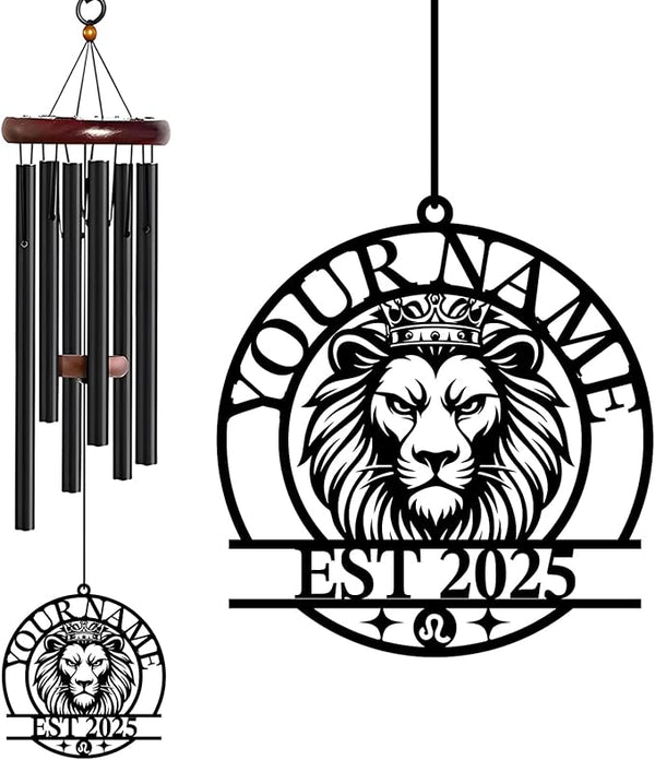 Personalized Customize Name 12 Zodiac Signs Wind Chime, Metal Iron 37 Inch Outdoor Memorial Gift for Garden Yard Patio Home Decor, Black (Leo)