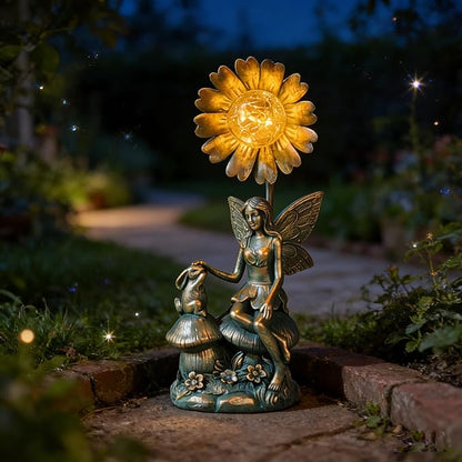 Garden Solar Fairy Statue - Mushroom Seat, Touching Rabbit, Iron Flower Glass Ball, Whimsical Outdoor Ornament