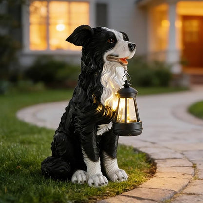 COWOS Solar Border Collie Dog Statue with Lantern, Resin Outdoor Garden Decor, Solar Powered LED Dog Sculpture for Patio Porch Yard